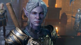 A shot of a Drow (dark elf) character in Baldur's Gate 3, glaring at something off-screen.