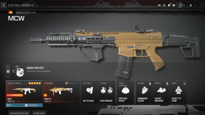 Screenshot of a MCW loadout in Modern Warfare 3