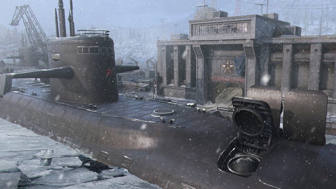 An establishing shot of the Modern Warfare 3 map Sub Base.