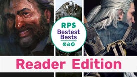 Artwork from Disco Elysium, Skyrim and The Witcher 3, behind the RPS Bestest Best Reader Edition logo